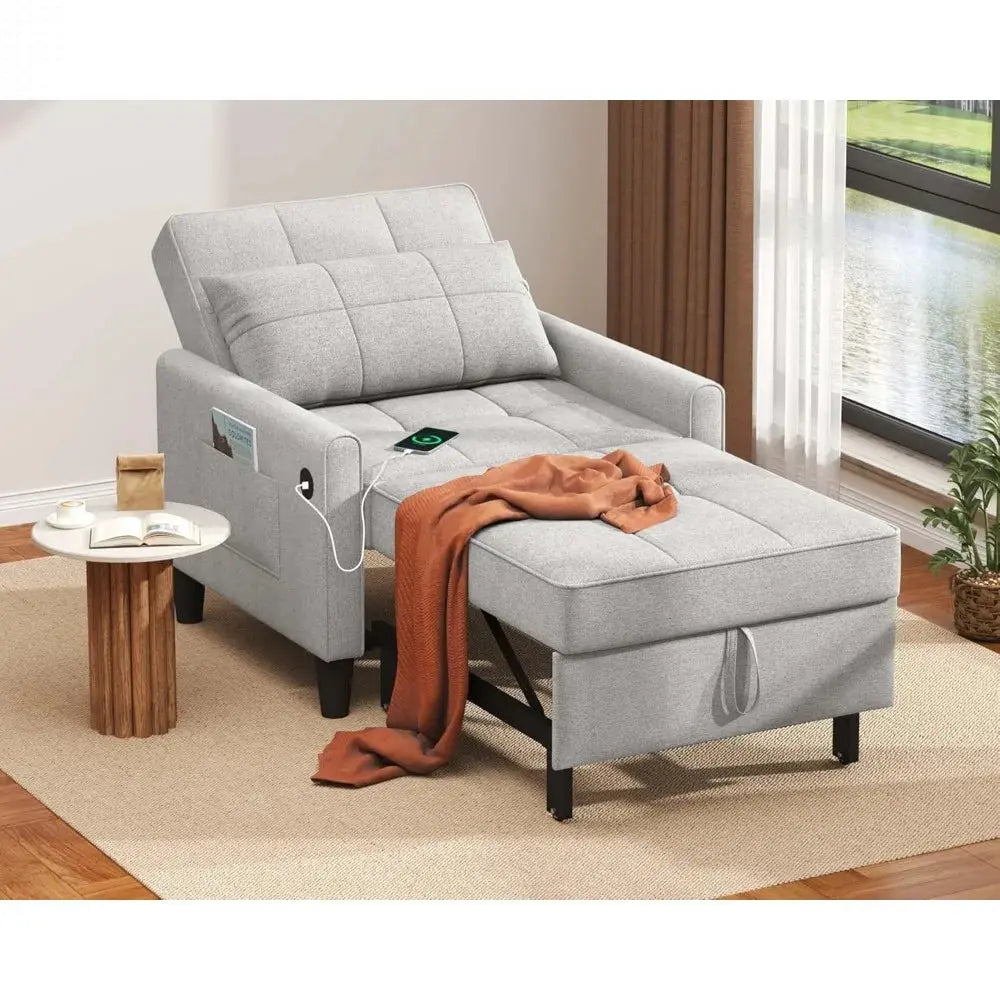 "3-in-1 Sleeper Chair - Convertible Futon with USB Ports & Side Pockets