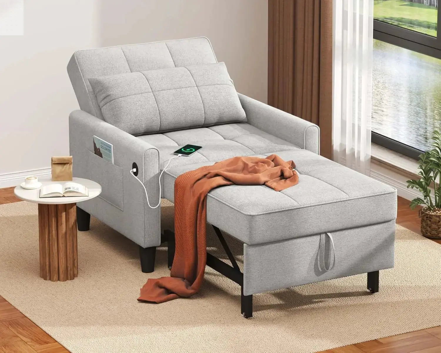 "3-in-1 Sleeper Chair - Convertible Futon with USB Ports & Side Pockets