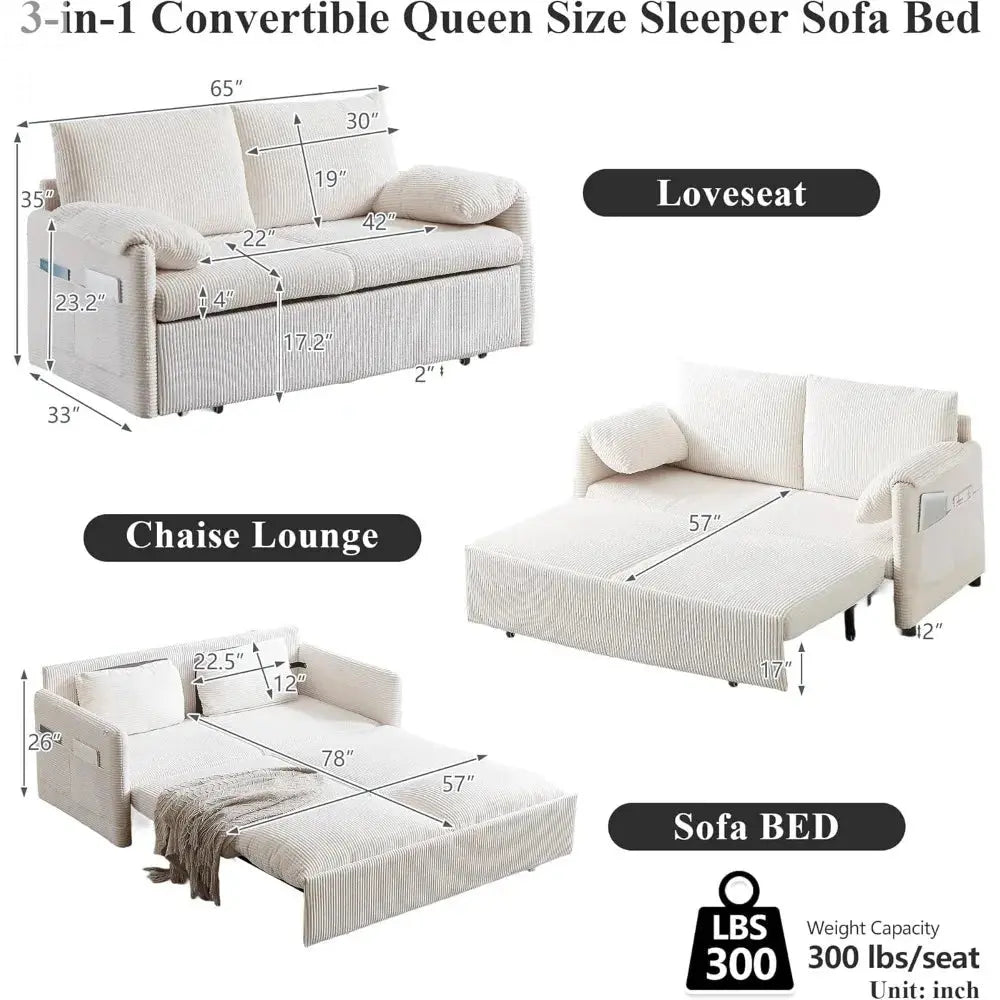 Queen Size Convertible Sofa Bed with Storage and Arm Pillows for Living Room